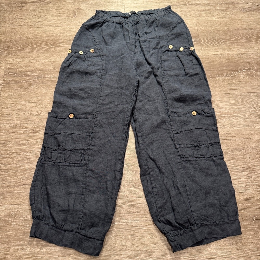 Meo Meli Pants Womens 26 Blue 100% Linen Italy Cargo Baggy Lounge 26x25 Costal